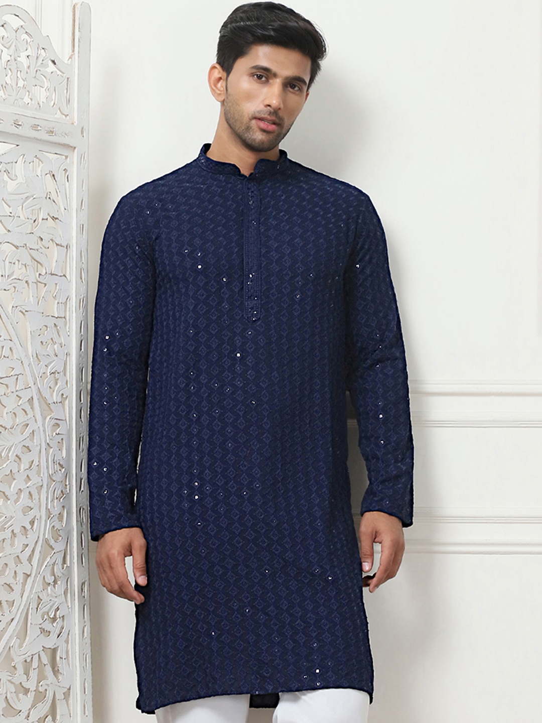 

Anouk Blue Embroidered Band Collar Sequinned Kurta