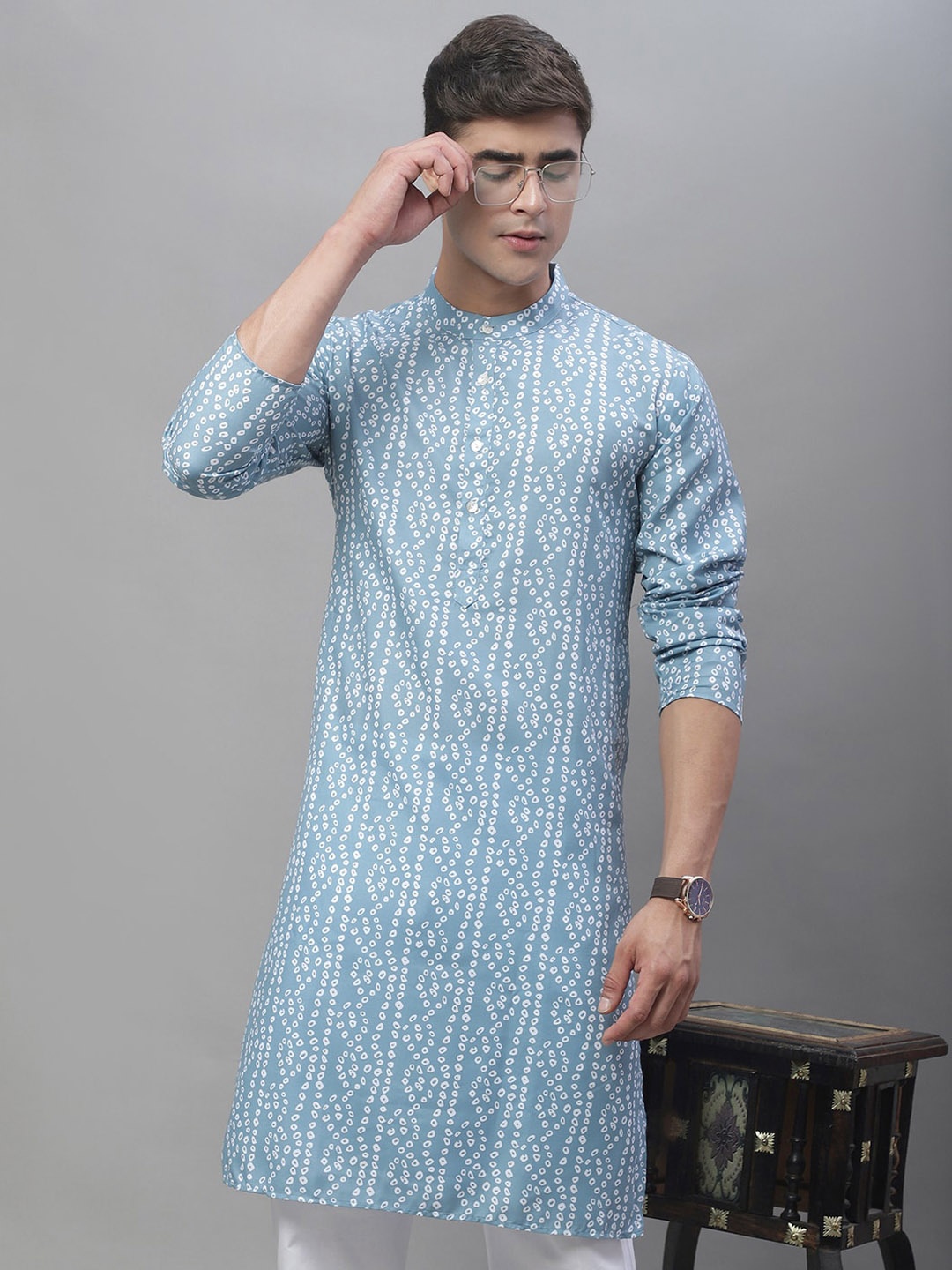 

Anouk Blue & white Bandhani Printed Band Collar Pure Cotton Kurta