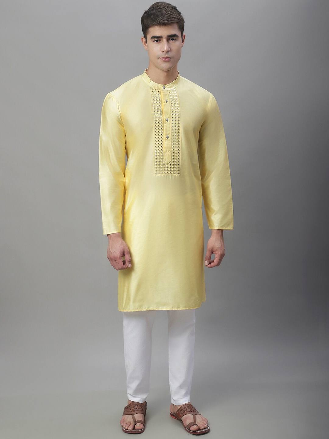 

Anouk Yellow Band Collar Mirror Work Kurta