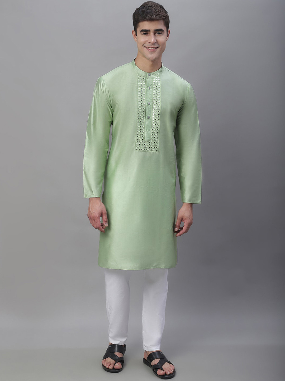 

Anouk Sea Green Band Collar Mirror Work Kurta