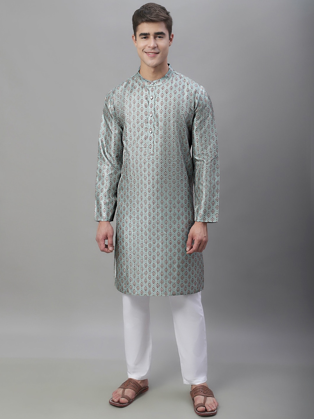 

Anouk Sea Green & Red Geometric Printed Band Collar Kurta