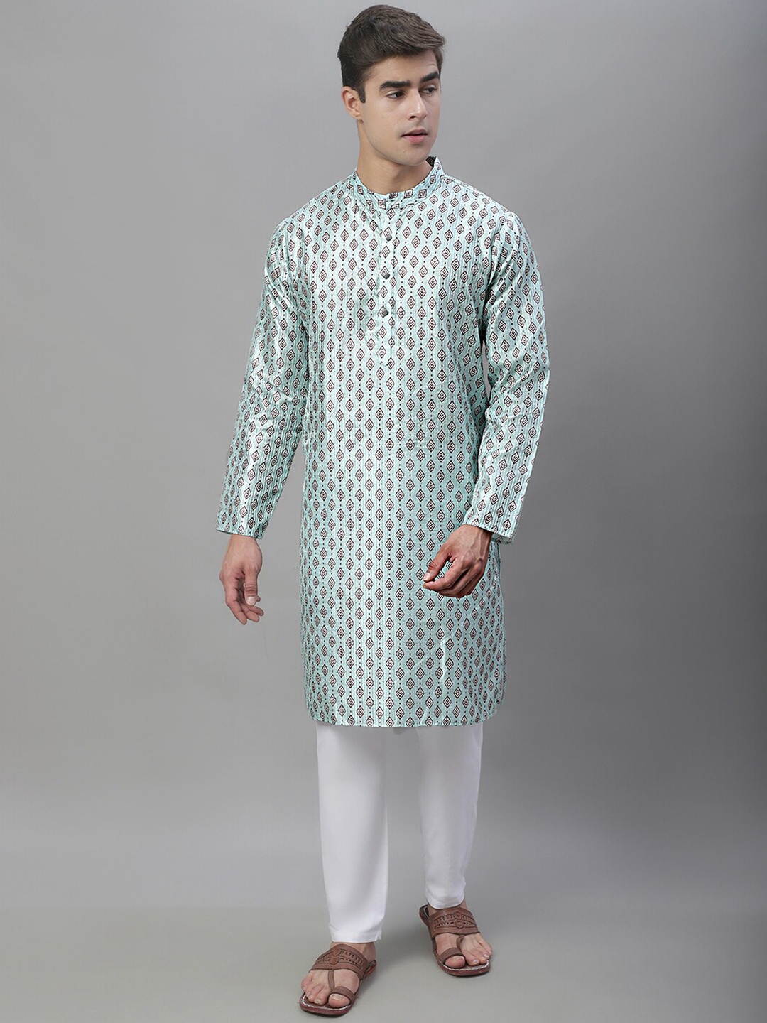

Anouk Sea Green & Red Ethnic Motif Printed Band Collar Kurta