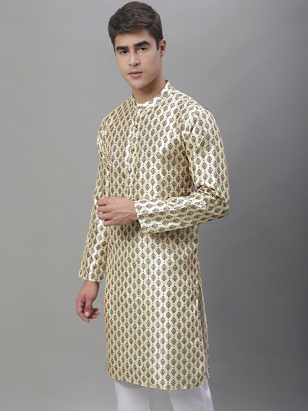 

Anouk Yellow & Red Geometric Printed Band Collar Kurta