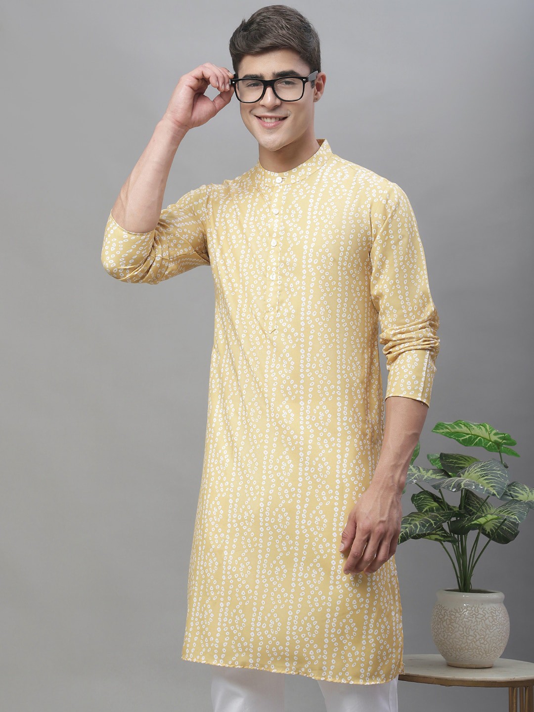 

Anouk Yellow & white Bandhani Printed Band Collar Pure Cotton Kurta