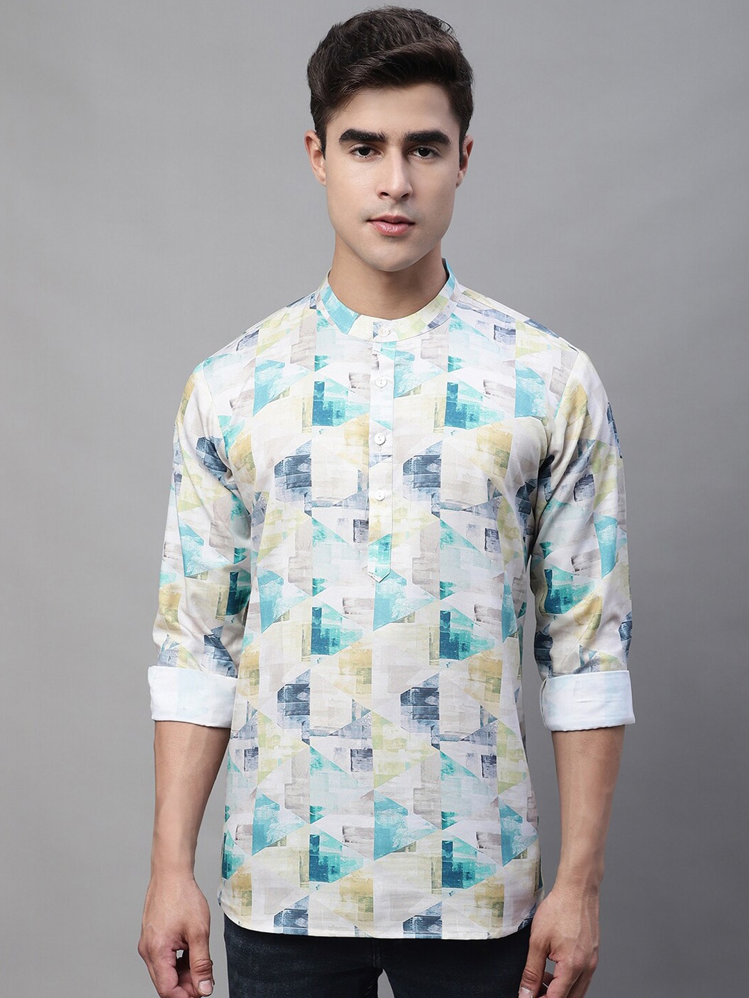 

Anouk Off white & Blue Printed Band Collar Short Kurta