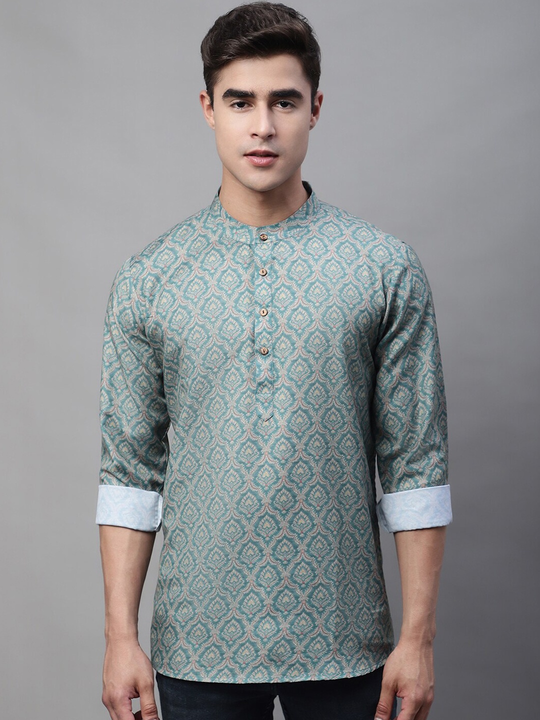 

Anouk Teal & Red Ethnic Motif Printed Band Collar Short Kurta