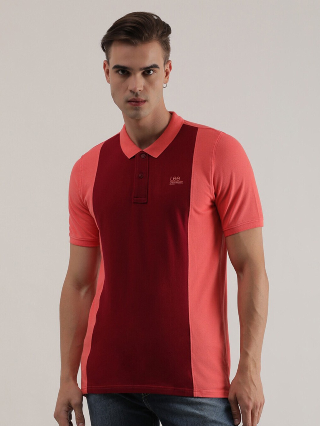 

Lee Colourblocked Polo Collar Cotton Slim Fit T-shirt, Peach