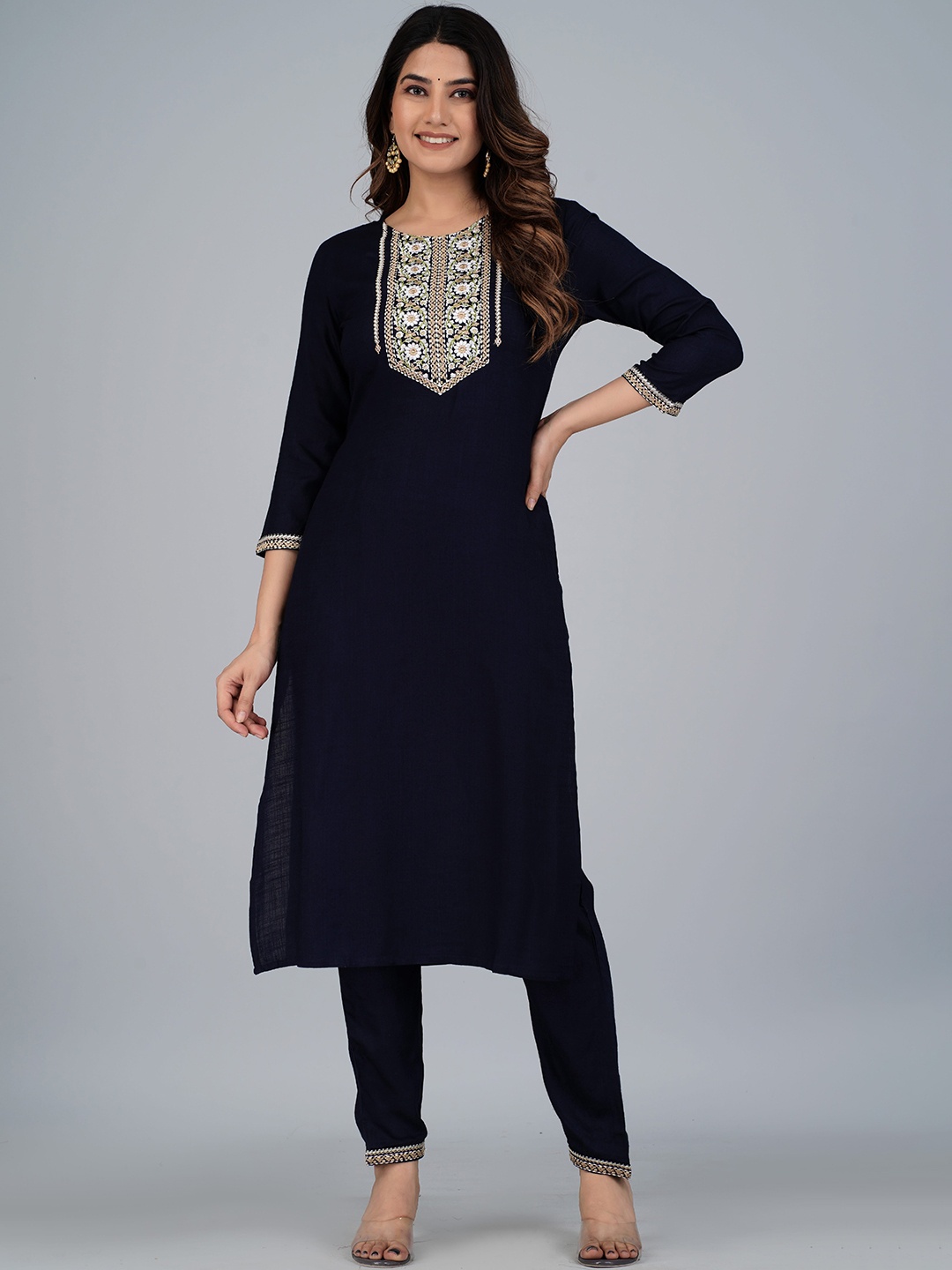 

JAIPURI COLLECTION Floral Embroidered Kurta with Trousers, Navy blue