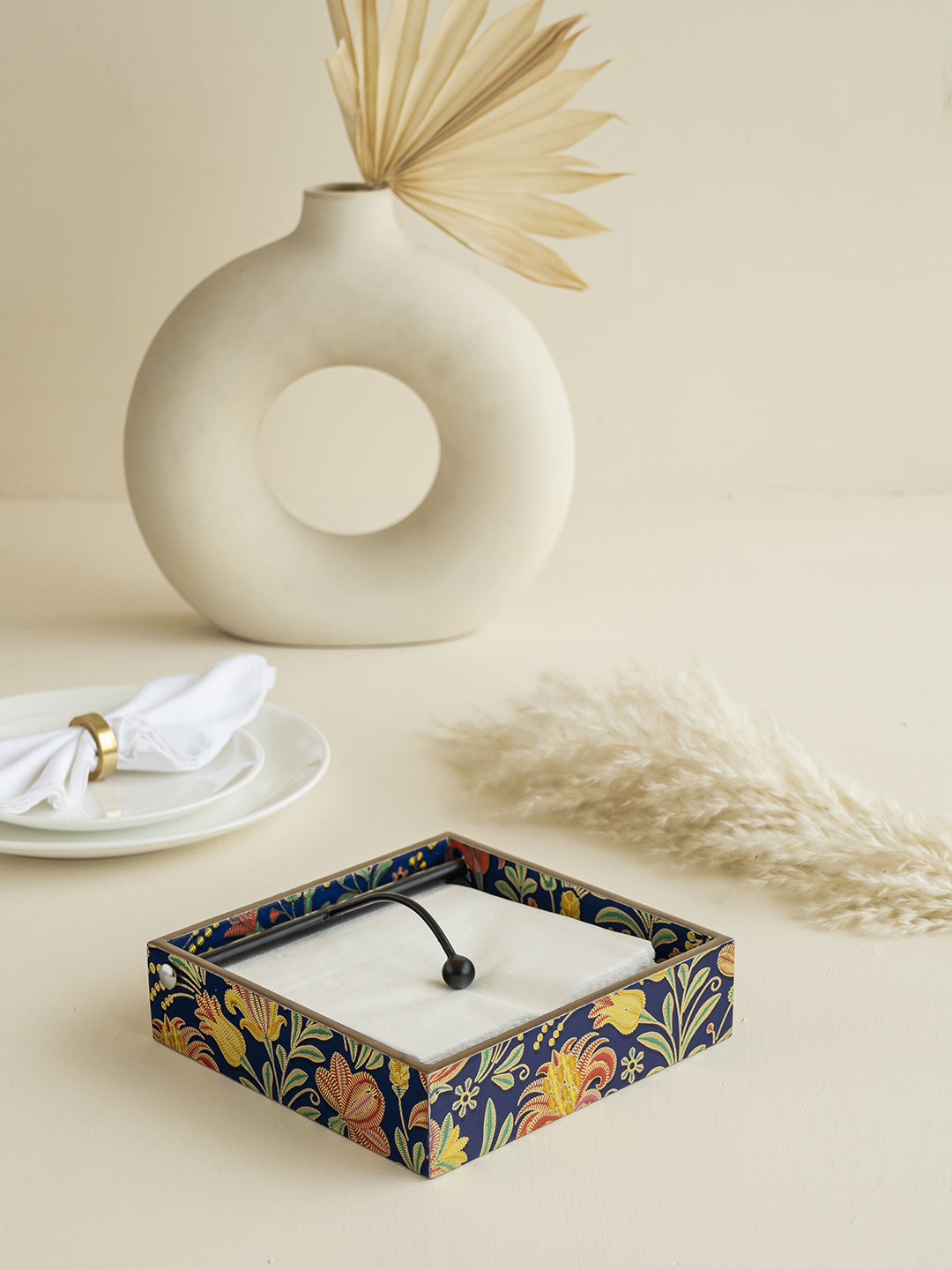 

Clasiko Navy Blue & Yellow Printed MDF Wooden Tissues & Napkin Holder