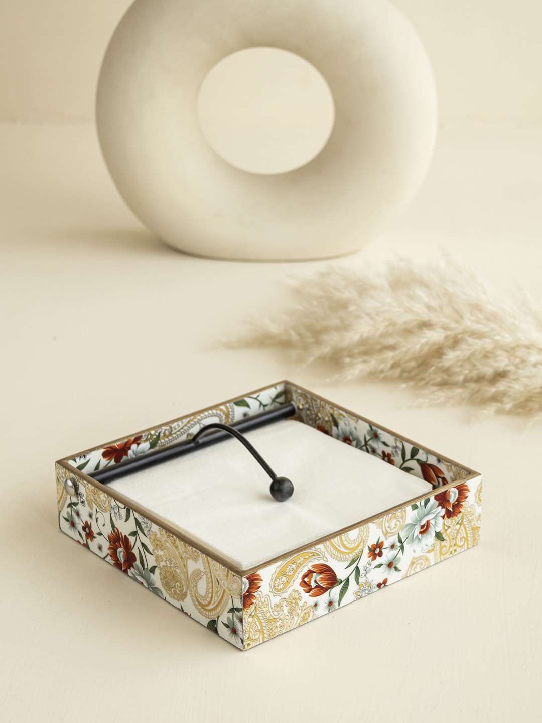 

Clasiko Cream-Colored & Brown Printed MDF Wooden Tissues & Napkin Holder