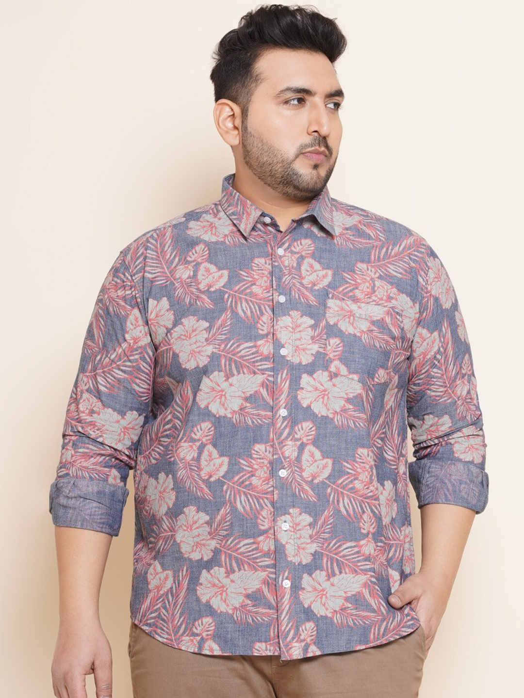 

John Pride Plus Size Floral Printed Opaque Casual Cotton Shirt, Blue