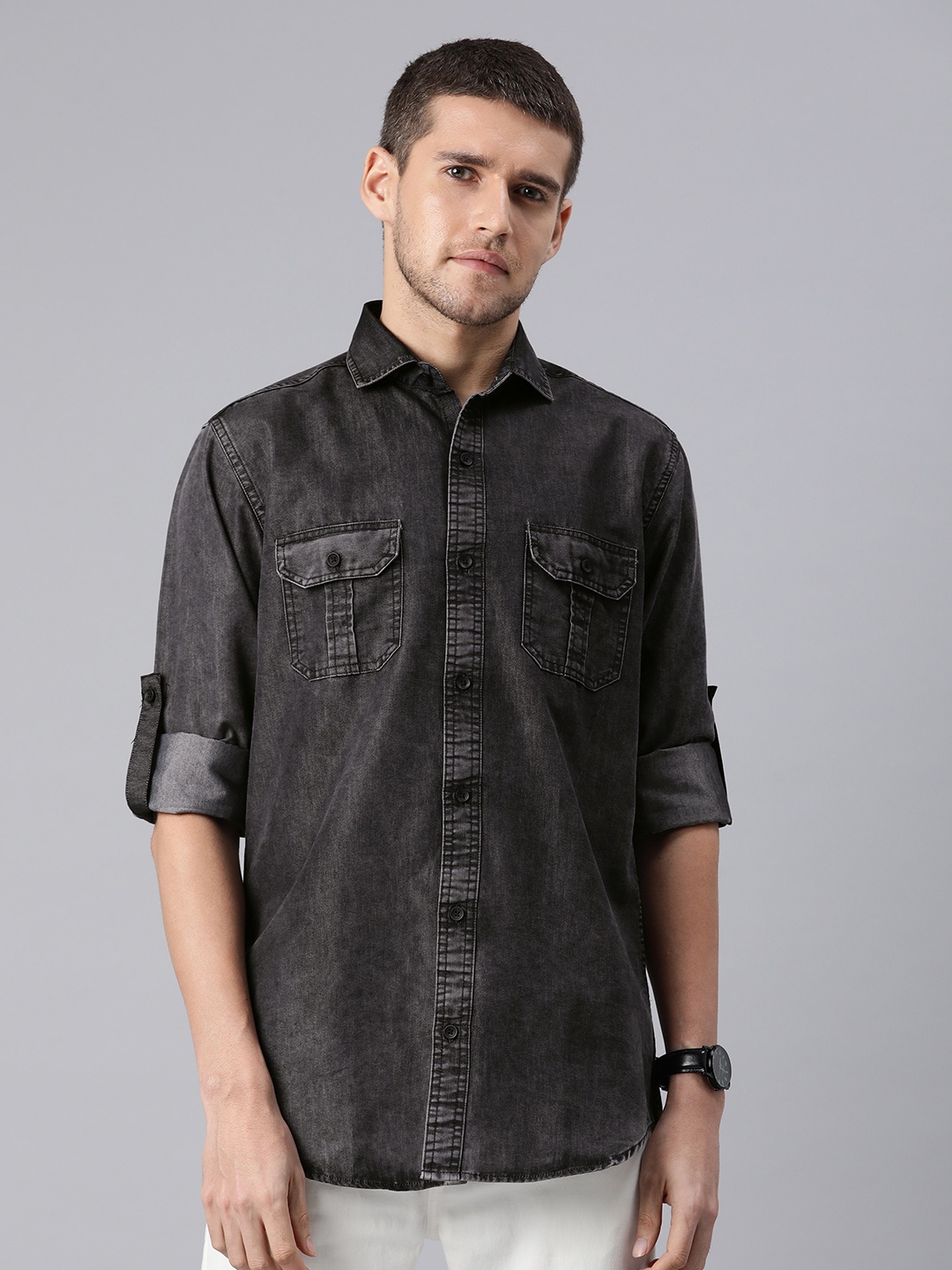 

DEZANO Men Comfort Slim Fit Faded Opaque Casual Shirt, Black