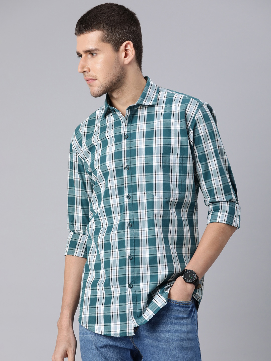 

DEZANO Men Comfort Opaque Checked Casual Shirt, Blue