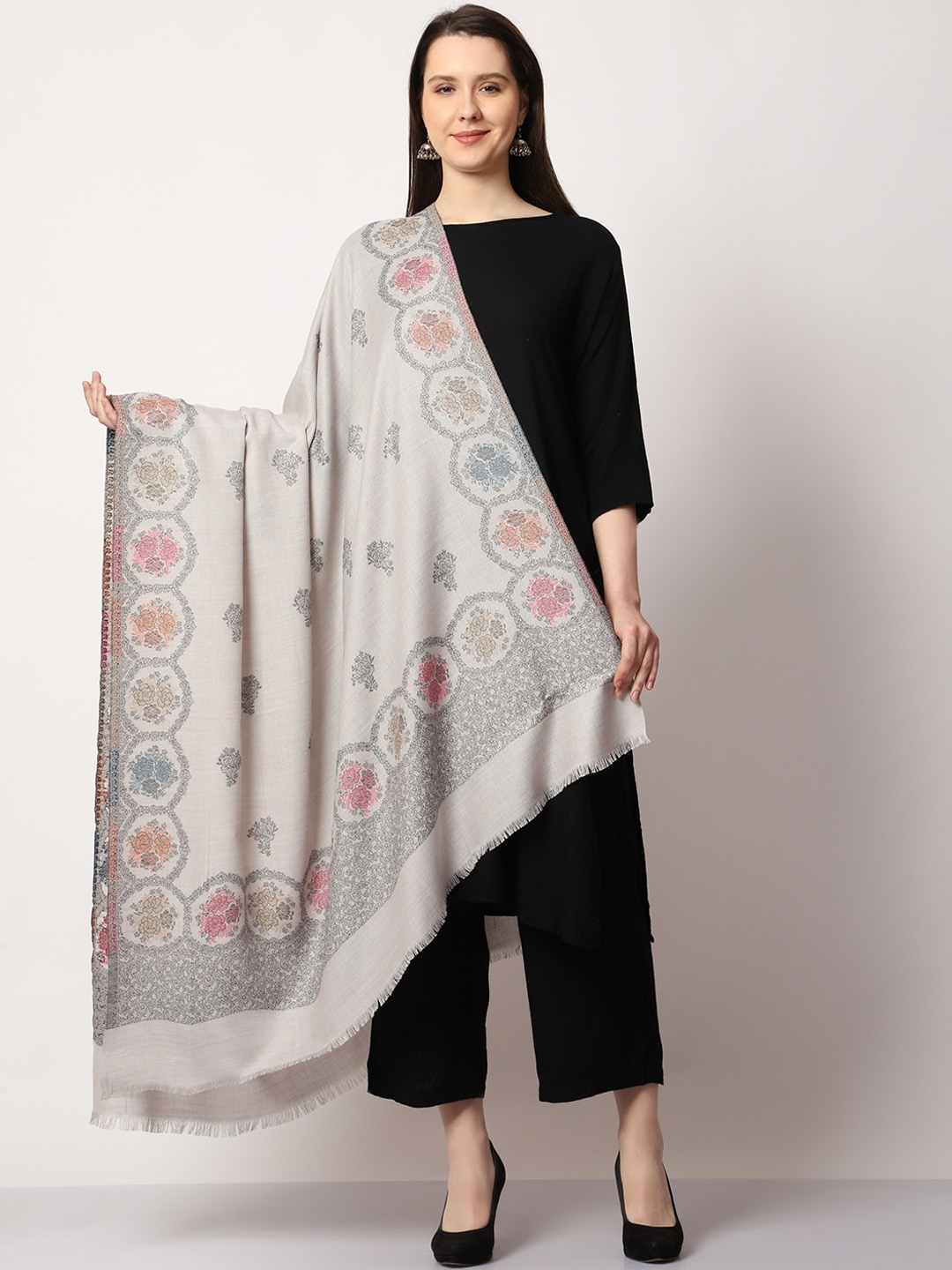 

SWI Stylish Women Floral Woven Design Shawl, Grey