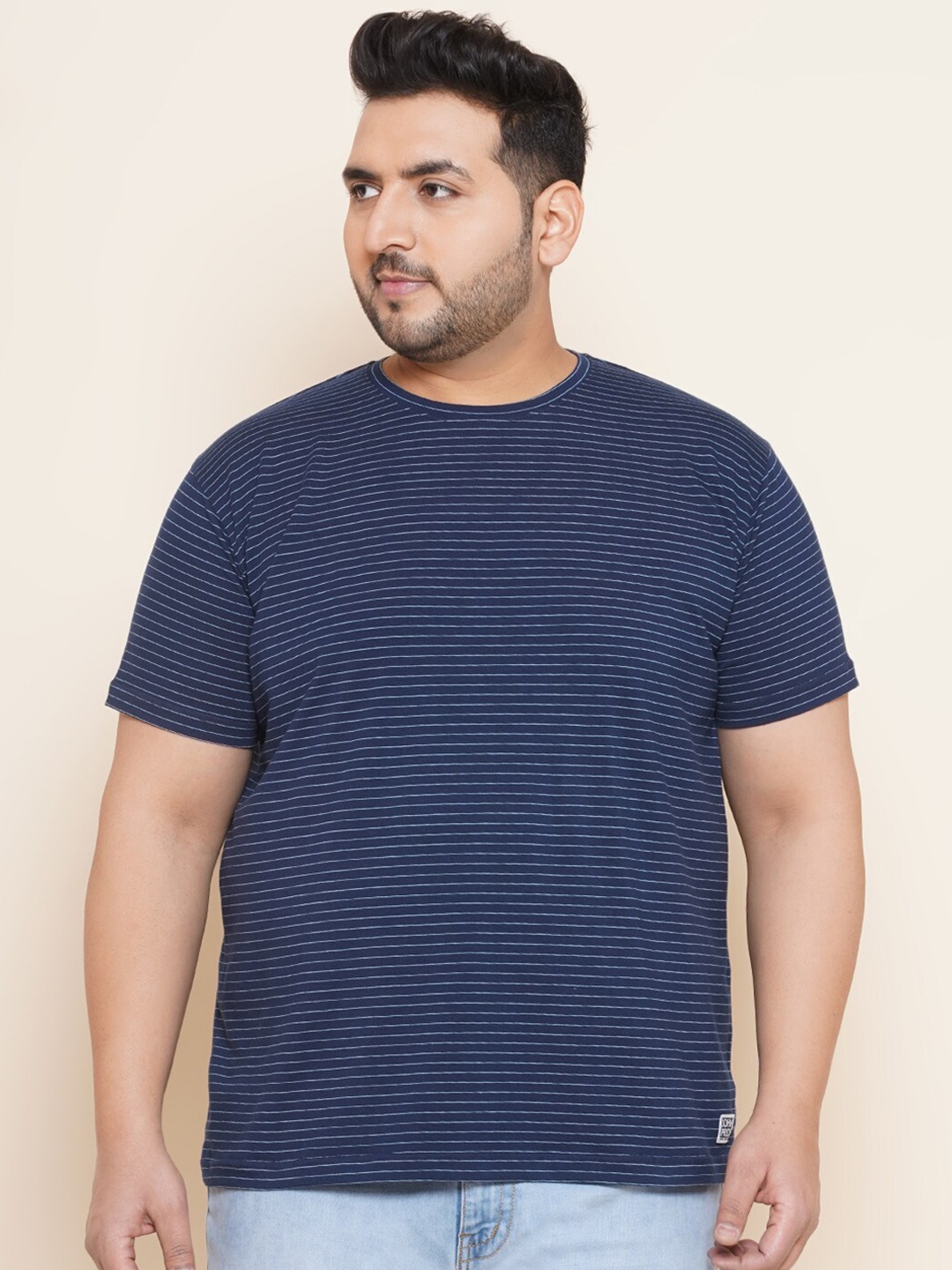 

John Pride Plus Size Striped Round Neck T-shirt, Navy blue