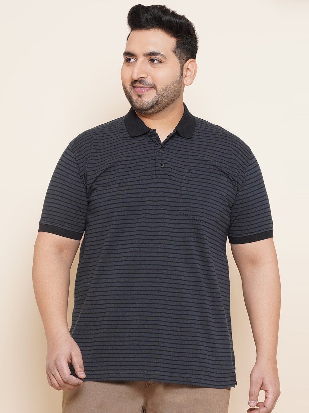 

John Pride Plus Size Striped Polo Collar Cotton T-shirt, Charcoal