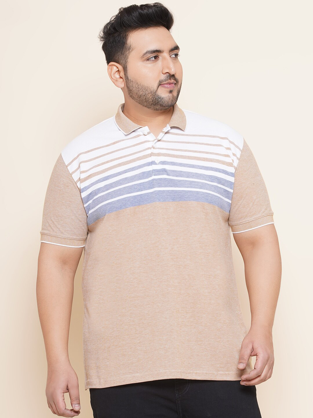 

John Pride Plus Size Striped Polo Collar Cotton T-shirt, Beige