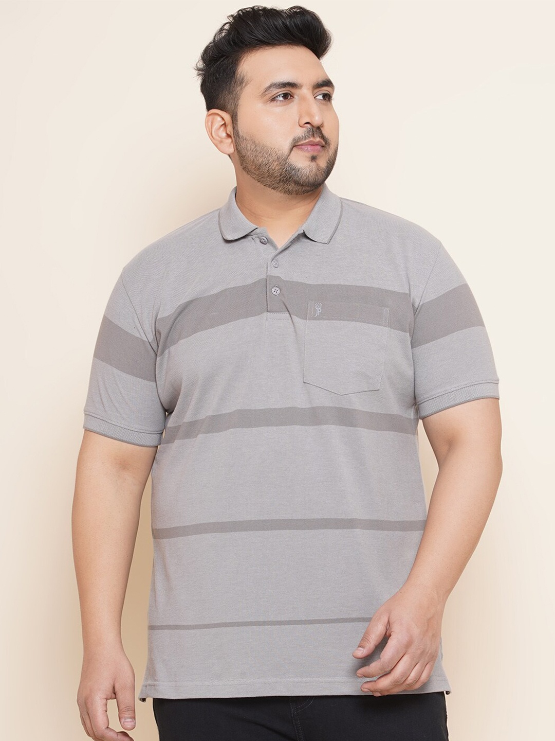 

John Pride Plus Size Striped Polo Collar Cotton T-shirt, Grey