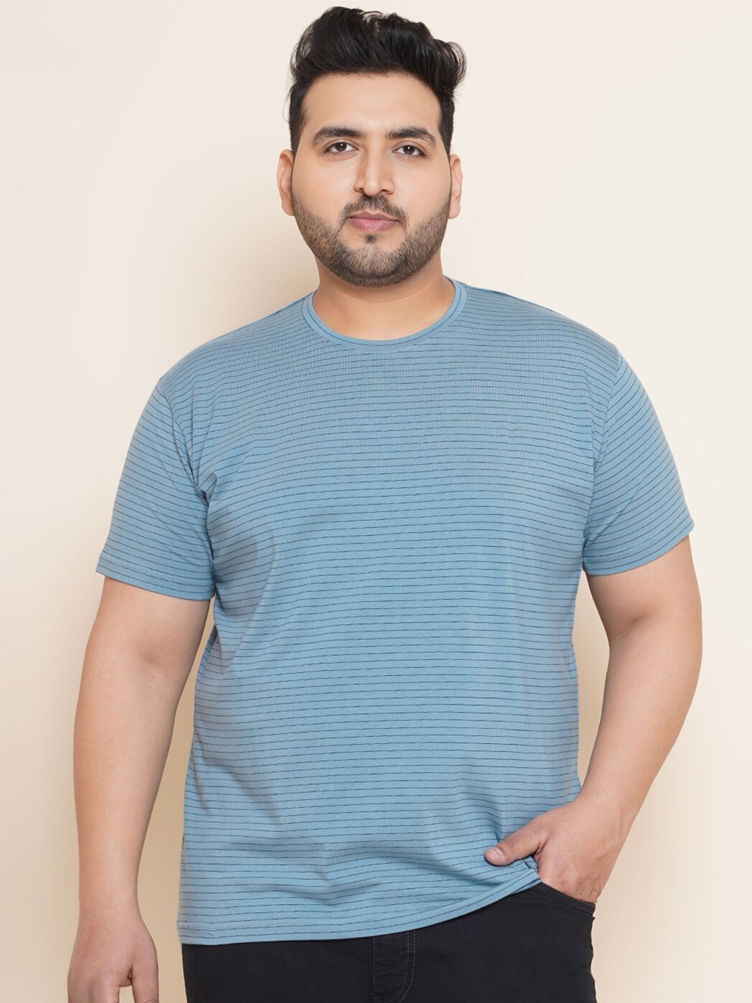 

John Pride Plus Size Striped Round Neck Cotton T-shirt, Blue