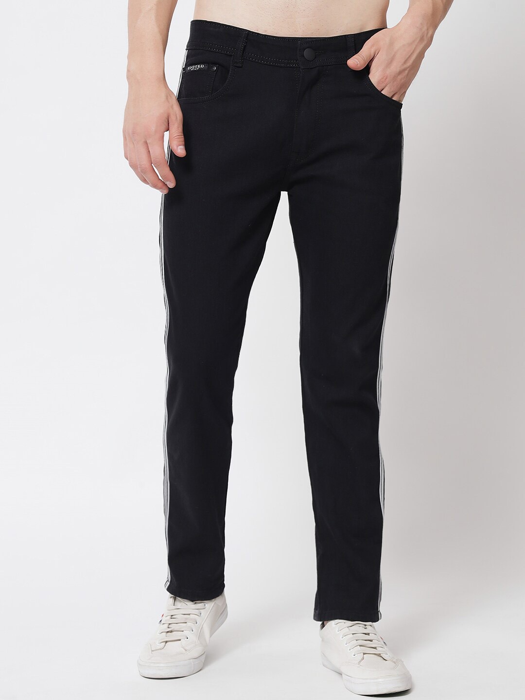 

UNITED DENIM Men Mid Rise Slim Fit Side Stripes Stretchable Jeans, Black