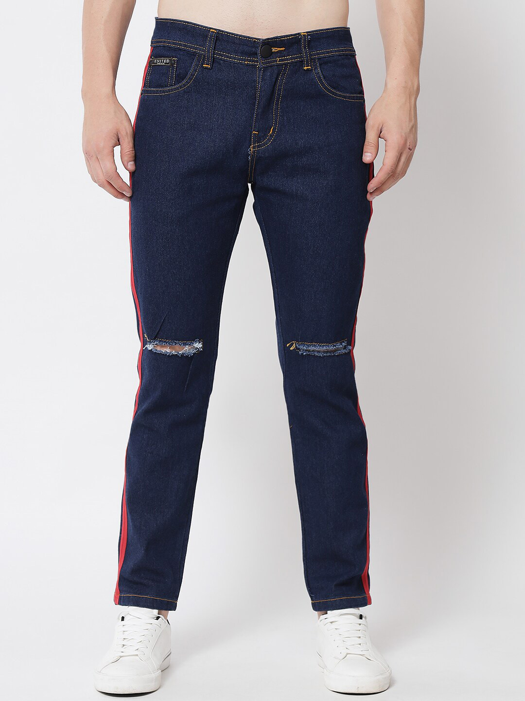 

UNITED DENIM Men Slim Fit Slash Knee Shrink Proof Stretchable Jeans, Navy blue
