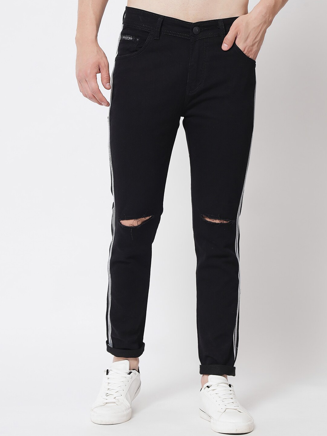 

UNITED DENIM Men Mid Rise Slim Fit Side Stripes Slash Knee Stretchable Jeans, Black