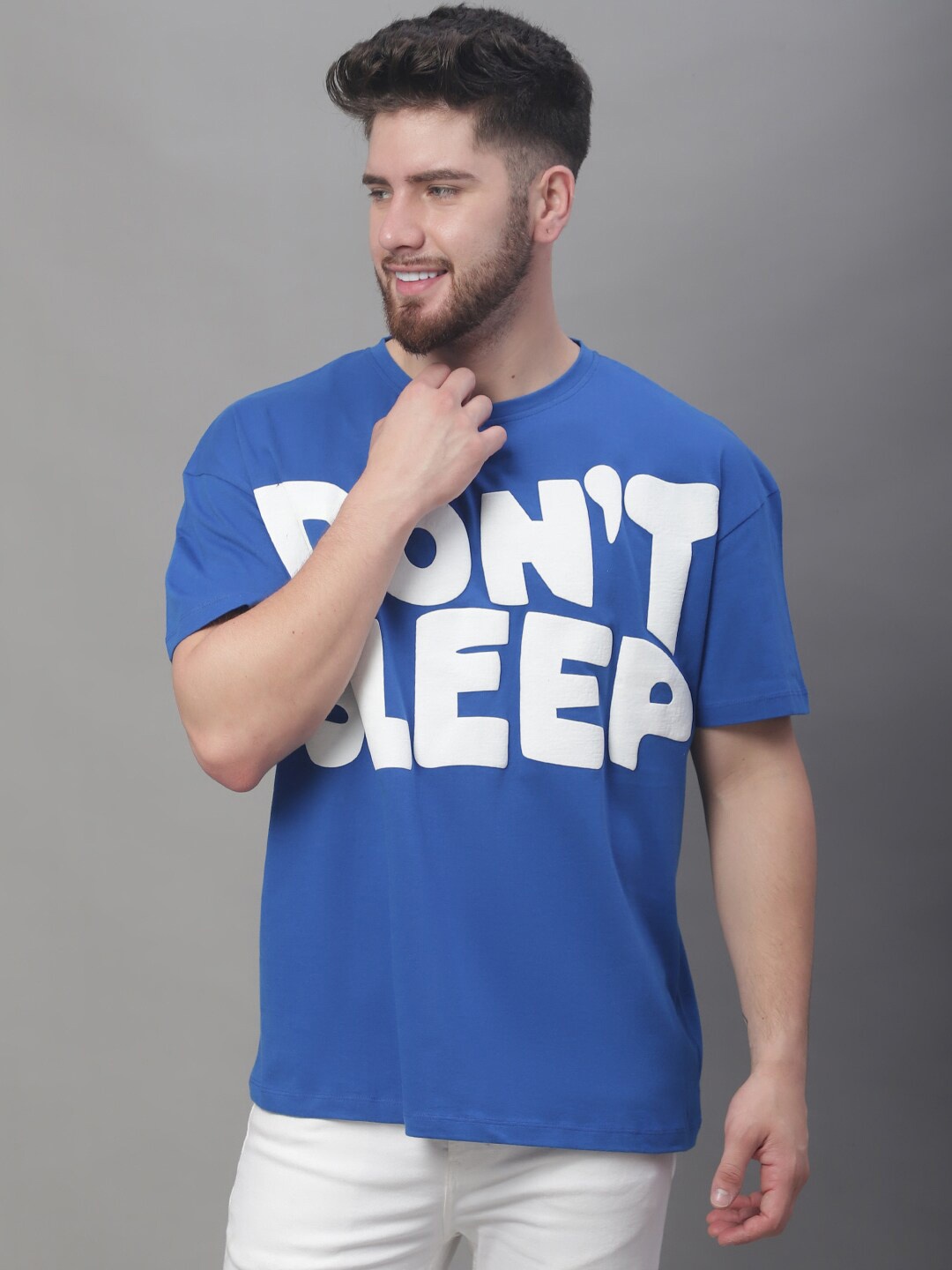 

DOOR74 Typography Printed Drop-Shoulder Sleeves Oversize Cotton T-shirt, Blue