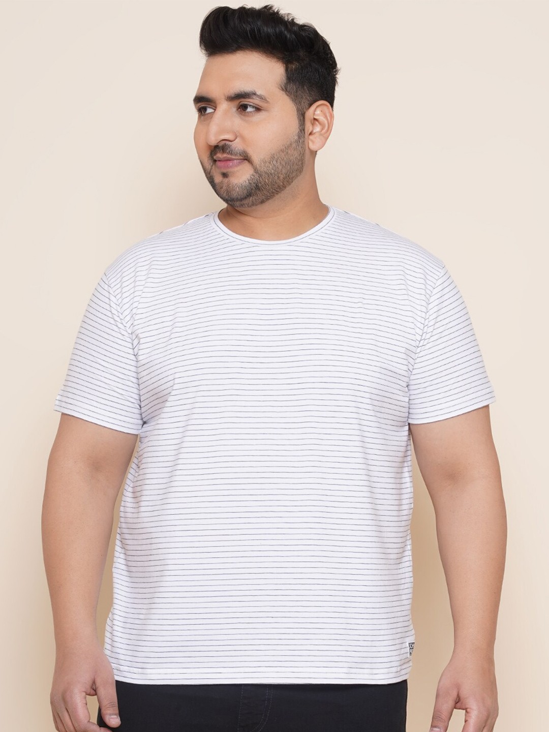 

John Pride Plus Size Striped Round Neck Cotton T-shirt, White