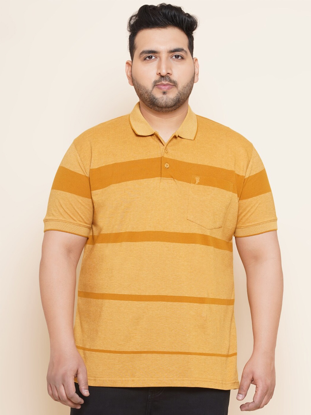 John Pride Plus Size Striped Polo Collar Half Sleeve Cotton T-shirt, Yellow