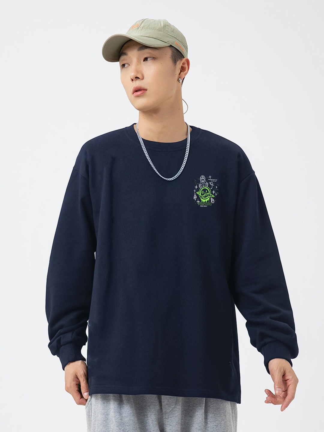 

JUMPCUTS Men Printed Round Neck Boxy T-shirt, Navy blue