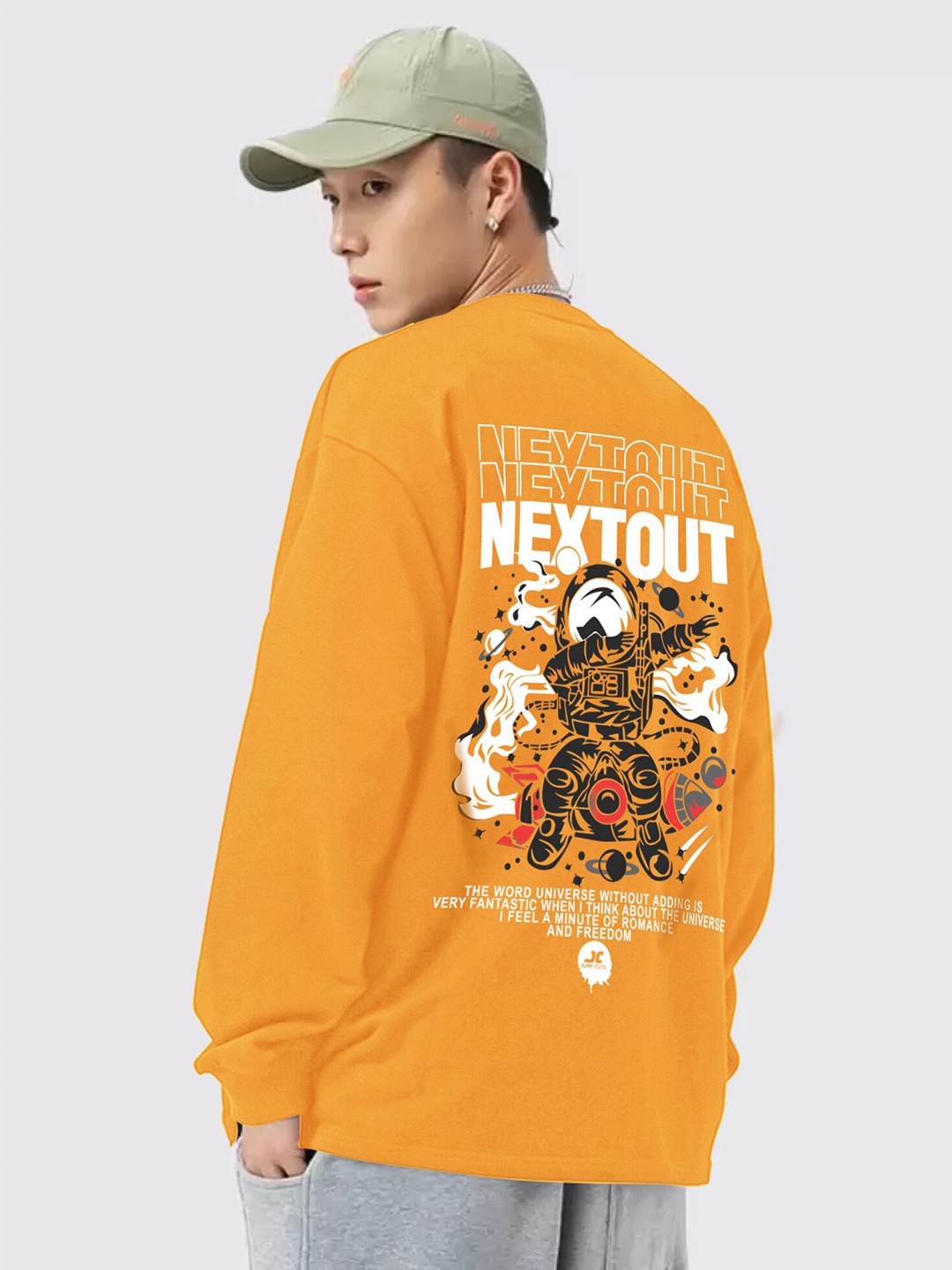 

JUMPCUTS Graphic Printed Drop Shoulder Cotton Boxy T-shirt, Mustard
