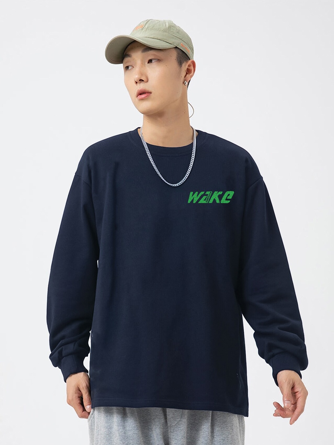 

JUMPCUTS Typography Printed High Neck Cotton Boxy T-shirt, Navy blue