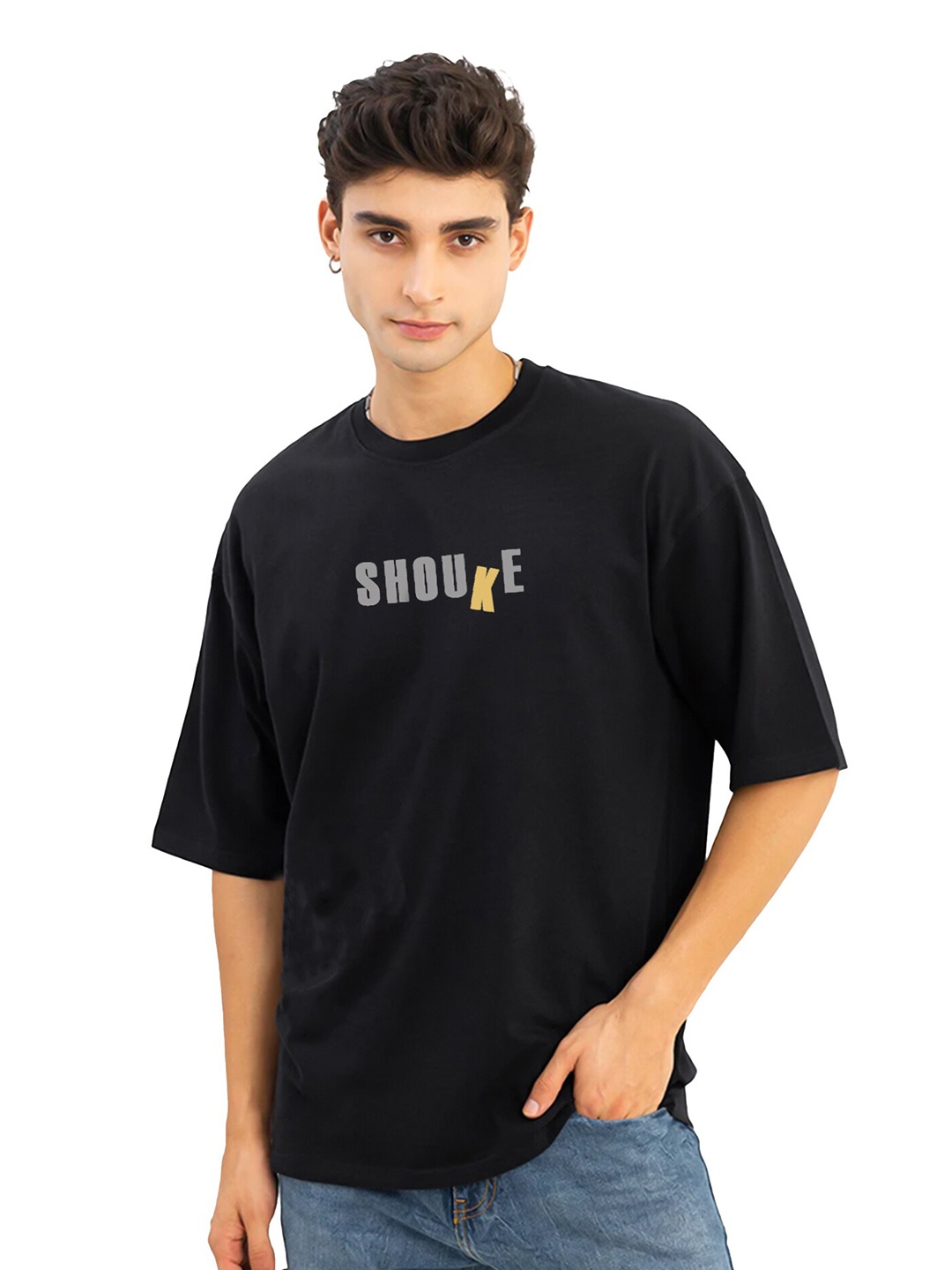 JUMPCUTS Typography Printed Cotton Boxy T-shirt, Black