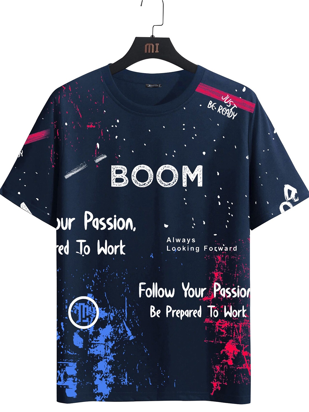 

JUMPCUTS Typography Printed Drop Shoulder Cotton Slim Fit T-shirt, Navy blue