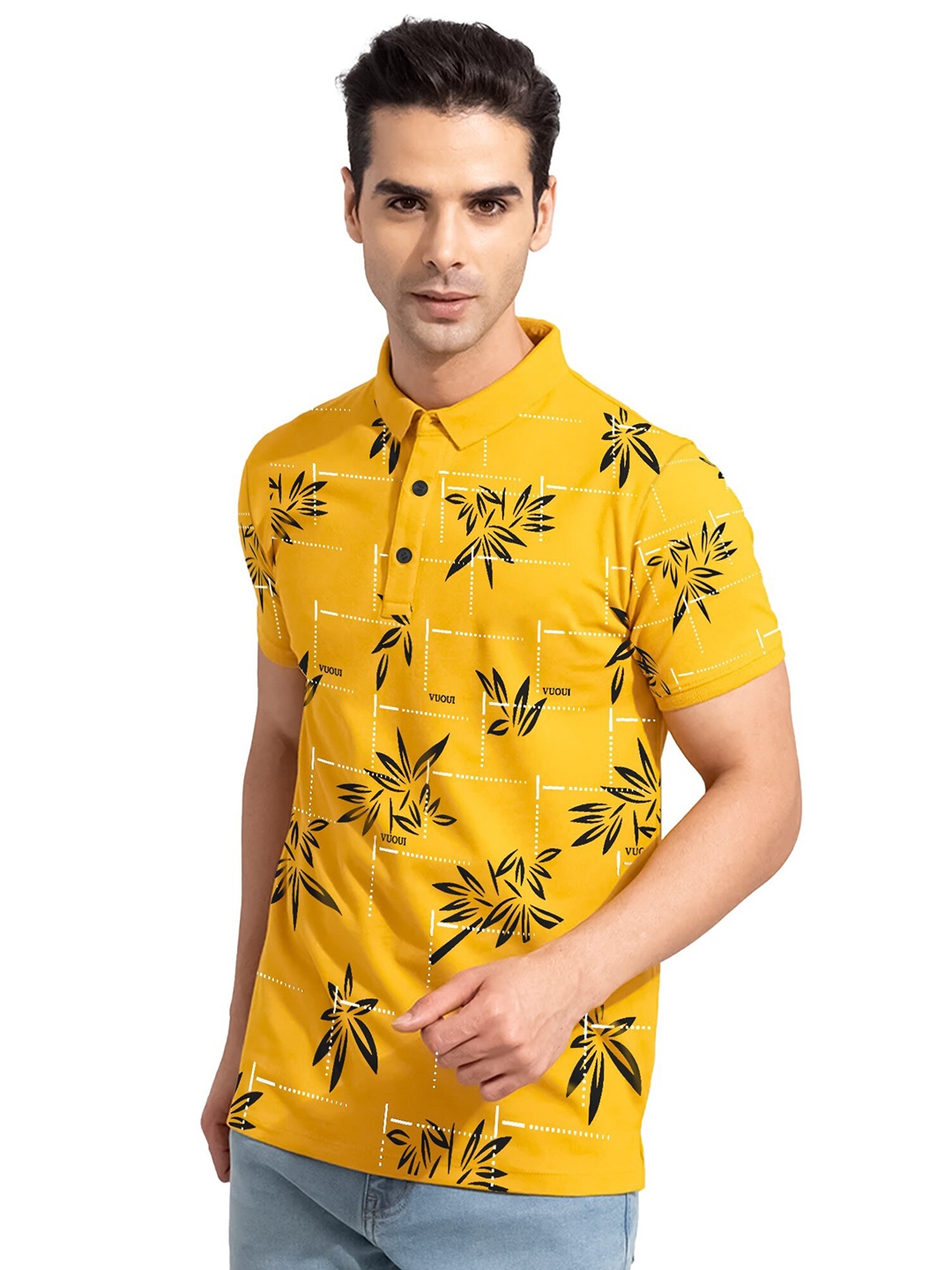

JUMPCUTS Floral Printed Polo Collar Pockets Cotton Slim Fit T-shirt, Yellow