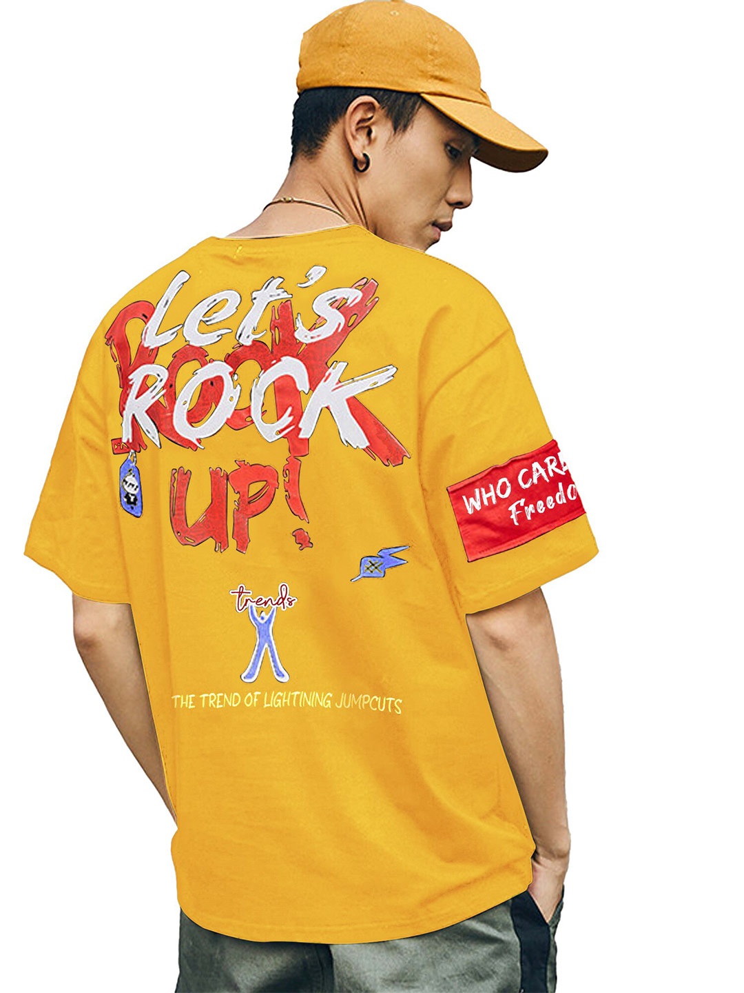 

JUMPCUTS Typography Printed Drop Shoulder Cotton Boxy T-shirt, Mustard