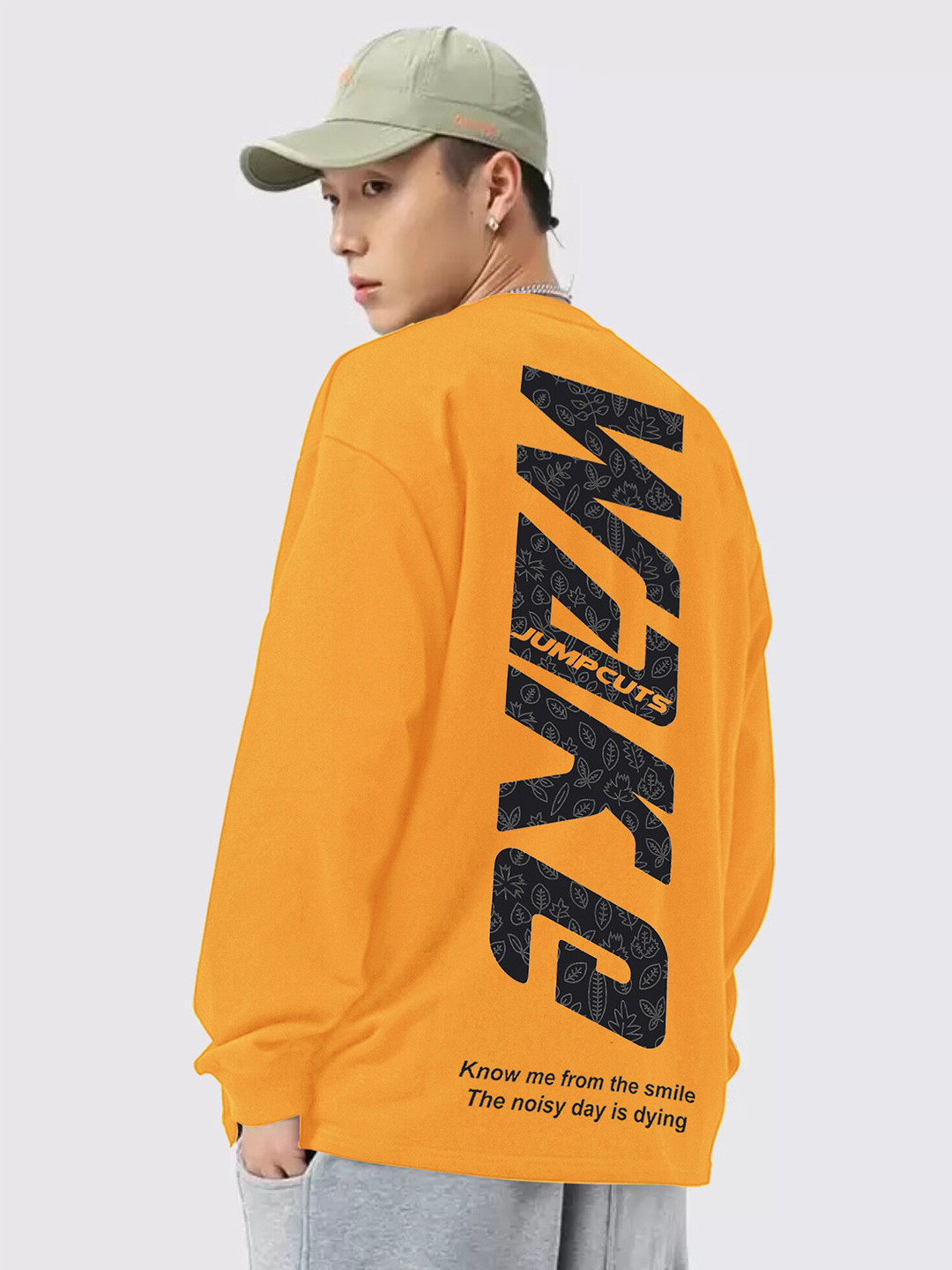 

JUMPCUTS Typography Printed Drop Shoulder Long Sleeve Cotton Boxy T-shirt, Mustard