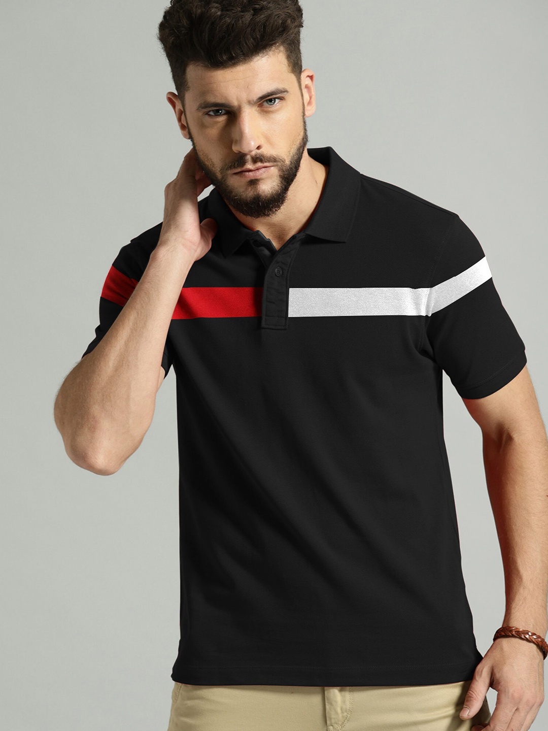 

JUMPCUTS Colourblocked Polo Collar Cotton Slim Fit T-shirt, Black