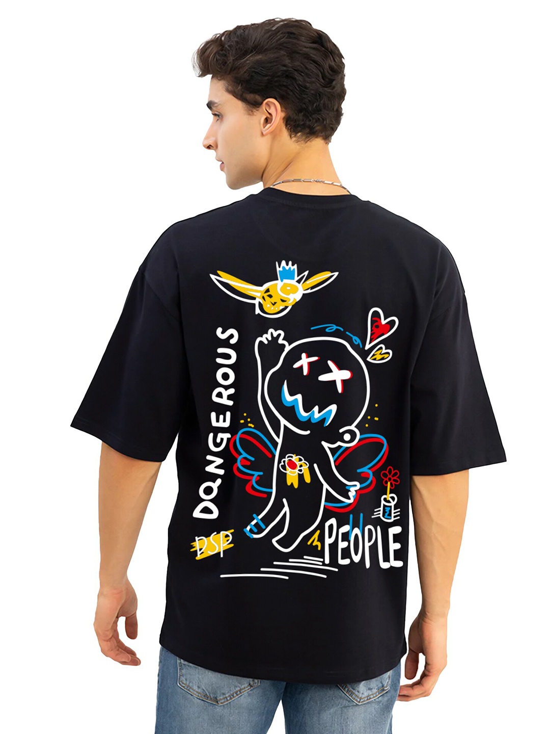 JUMPCUTS Typography Printed Cotton Boxy T-shirt, Black