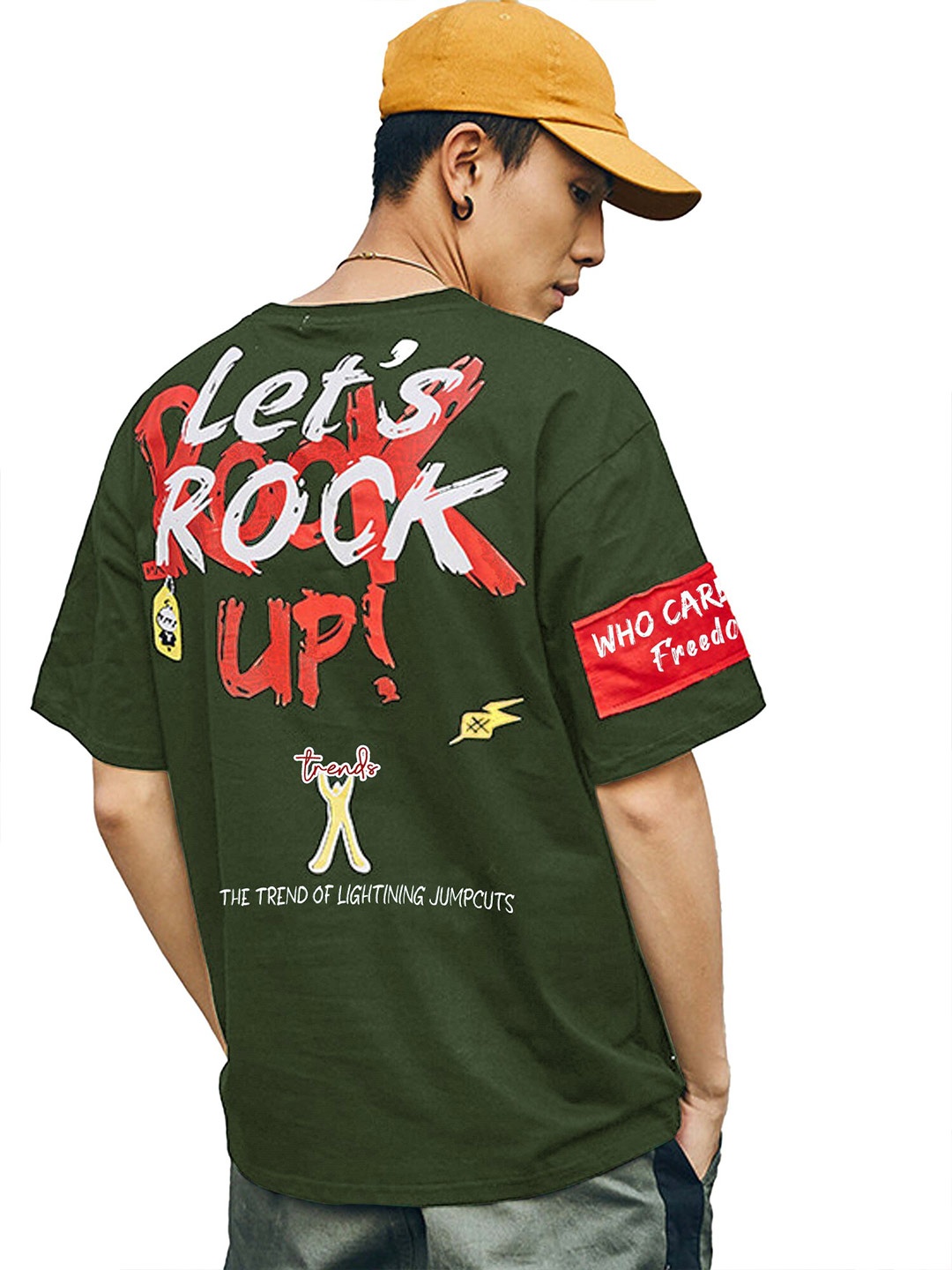

JUMPCUTS Typography Printed Drop Shoulder Cotton Boxy T-shirt, Olive