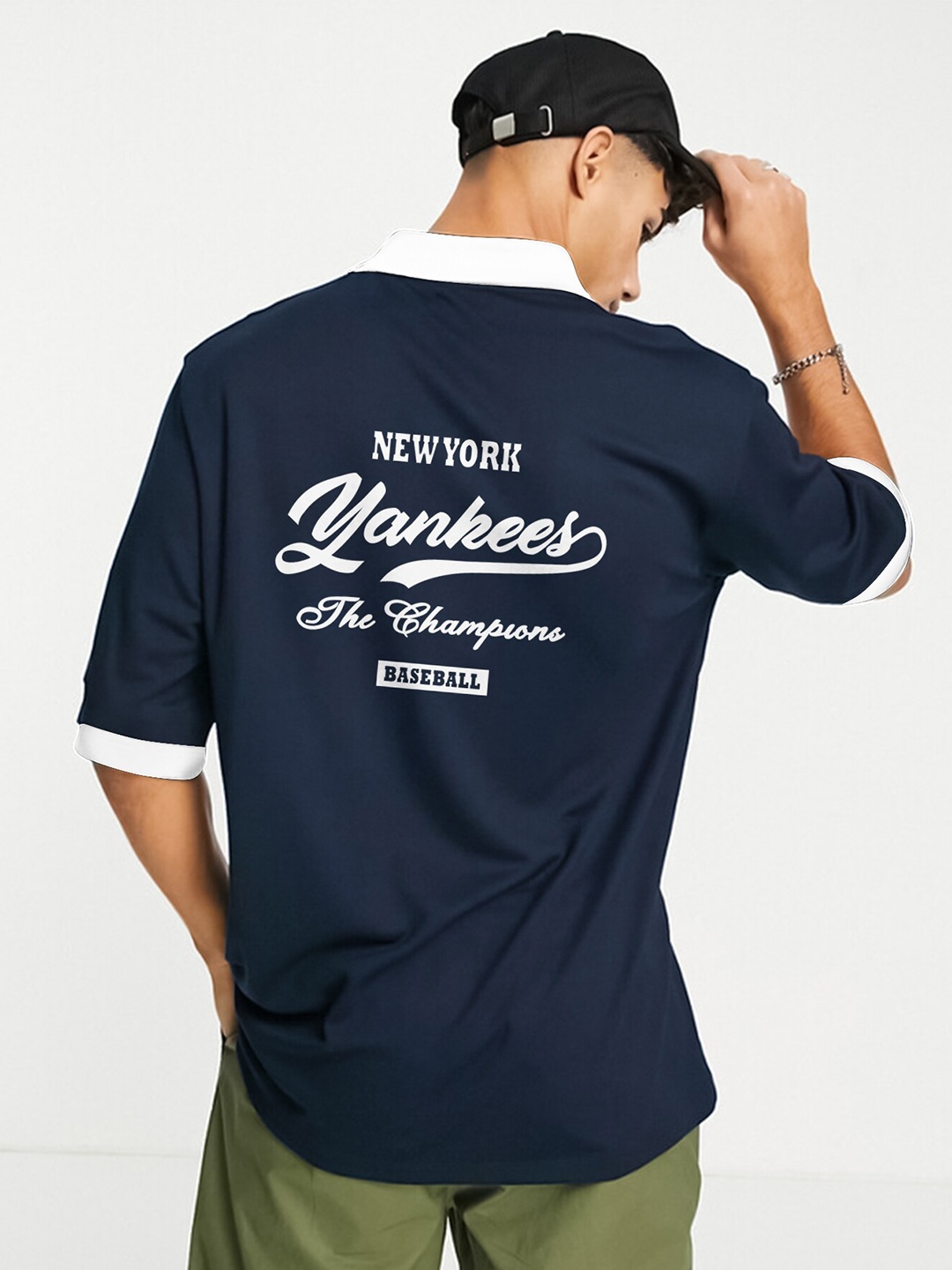 

JUMPCUTS Typography Printed Polo Collar Cotton Boxy T-shirt, Navy blue