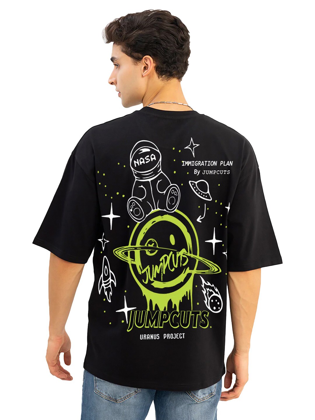 JUMPCUTS Men Graphic Printed Cotton Boxy T-shirt, Black