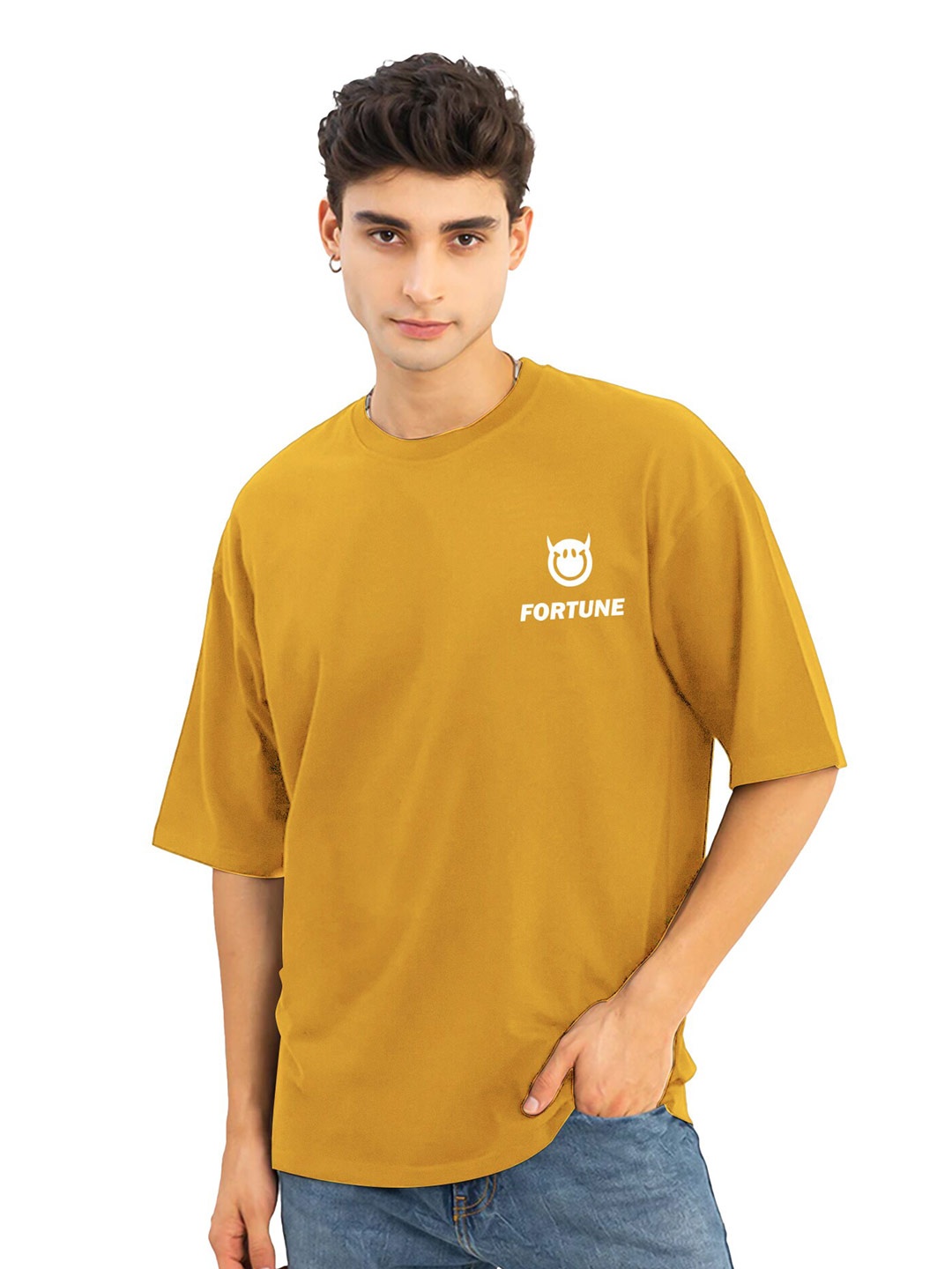 

JUMPCUTS Typography Printed Cotton Boxy T-shirt, Yellow
