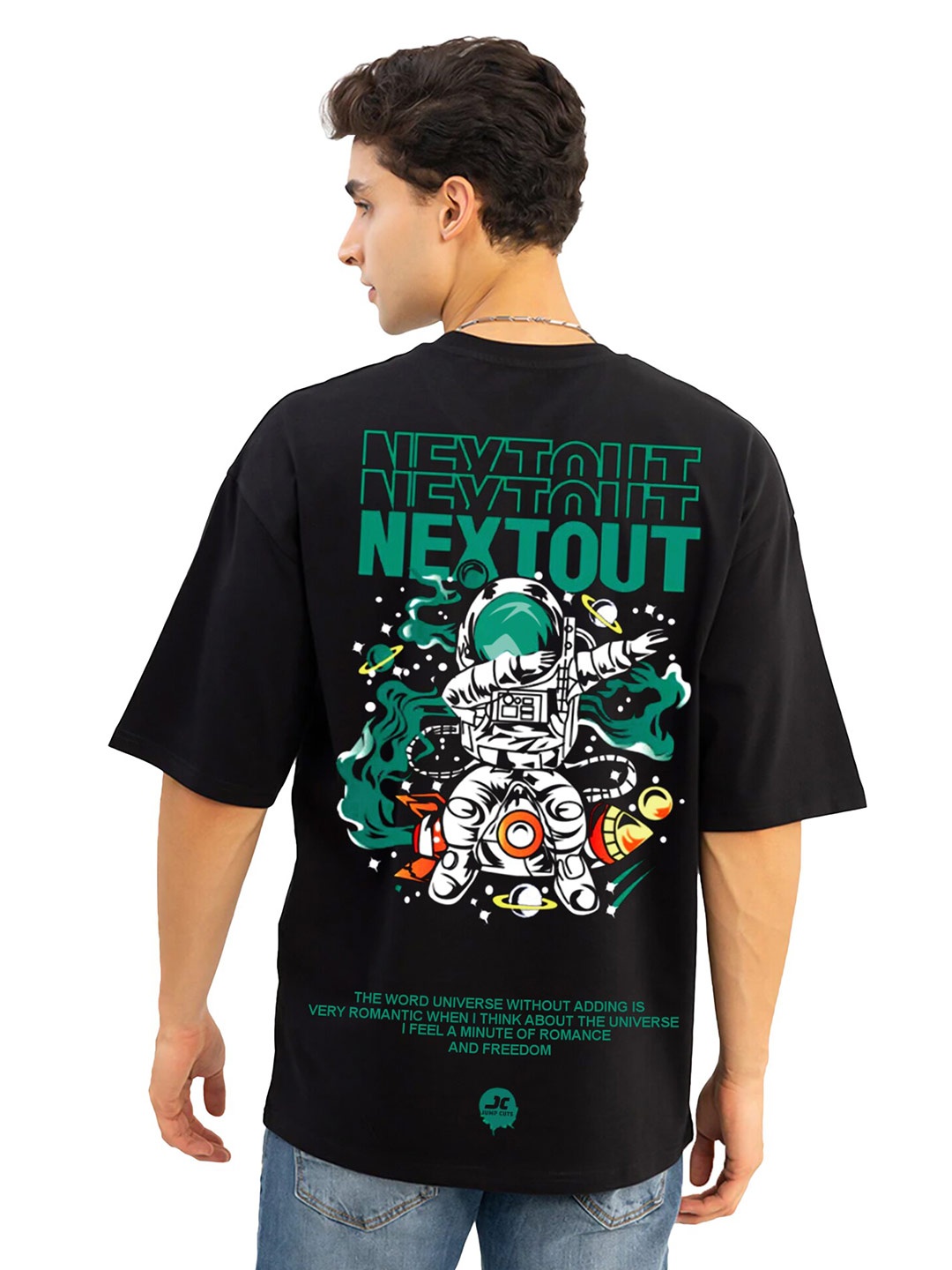 

JUMPCUTS Graphic Printed Drop Shoulder Cotton Boxy T-shirt, Black