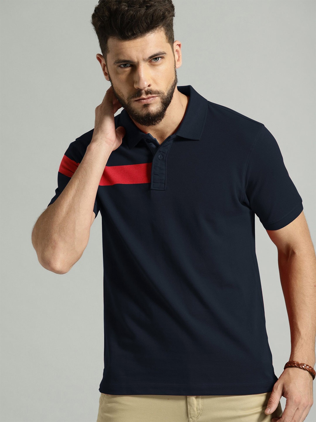 

JUMPCUTS Polo Collar Cotton Slim Fit T-shirt, Navy blue
