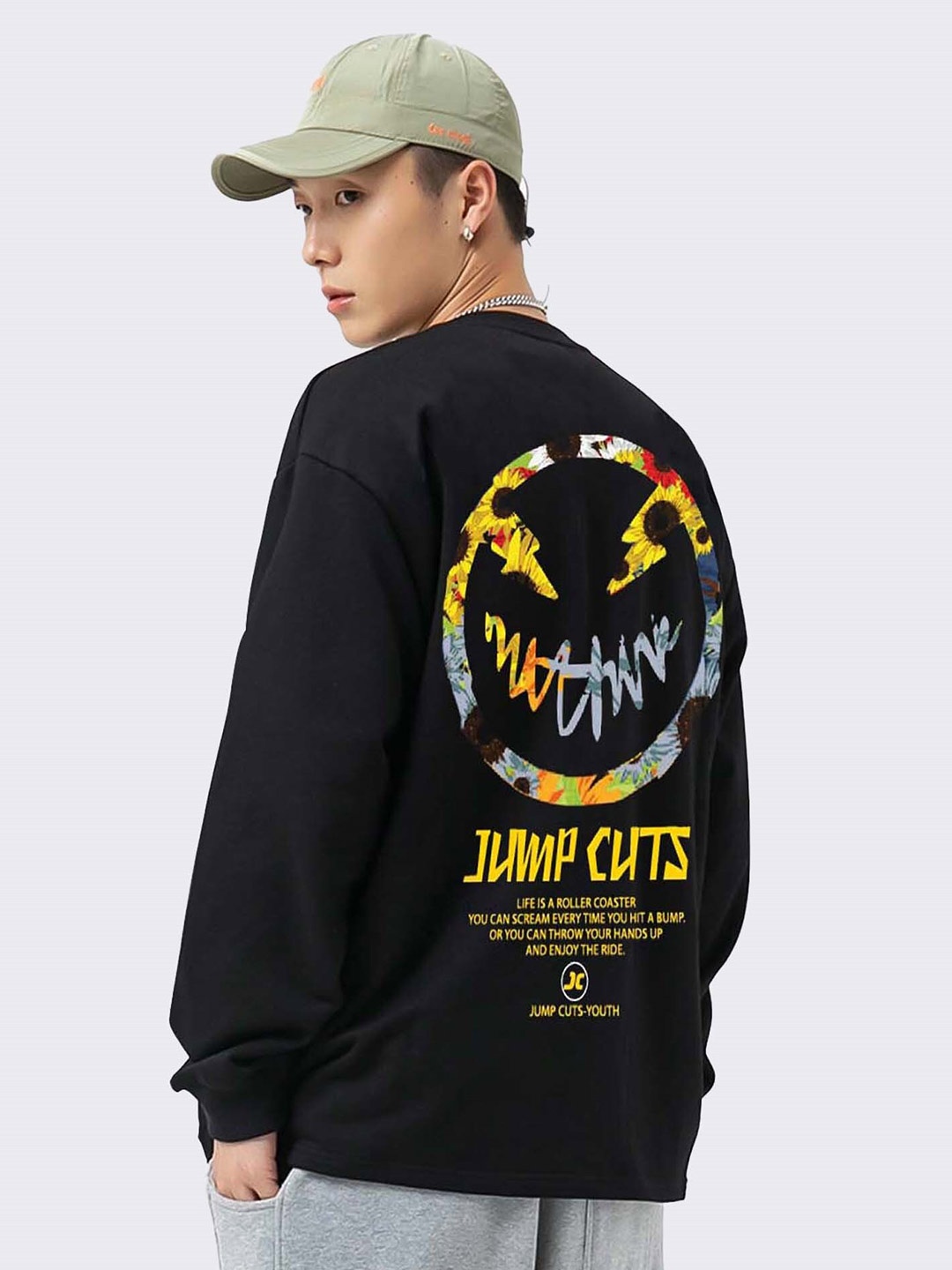 

JUMPCUTS Typography Printed Boxy Cotton T-shirt, Black