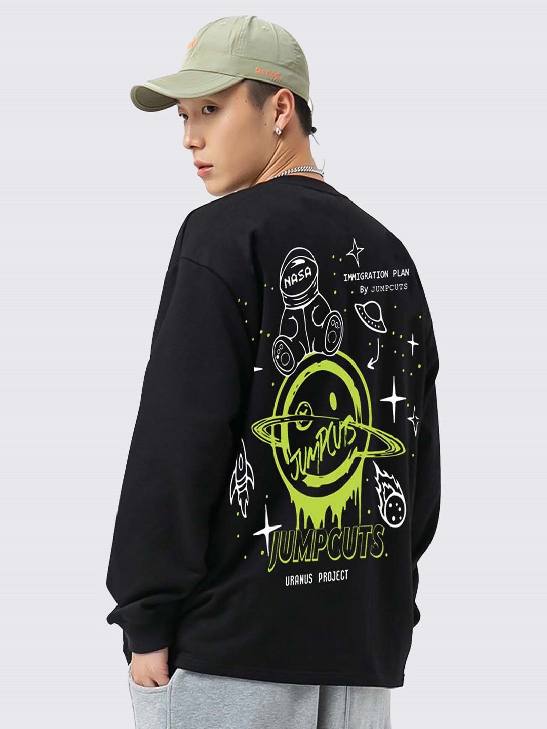 

JUMPCUTS Graphic Printed Drop Shoulder Long Sleeve Cotton Boxy T-shirt, Black