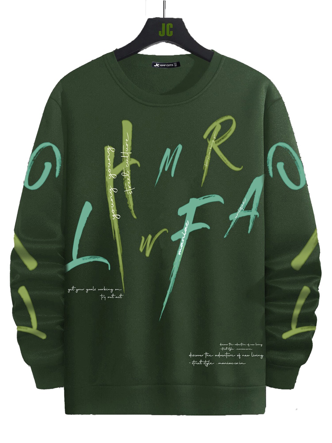

JUMPCUTS Typography Printed Long Sleeves Cotton Slim Fit T-shirt, Olive