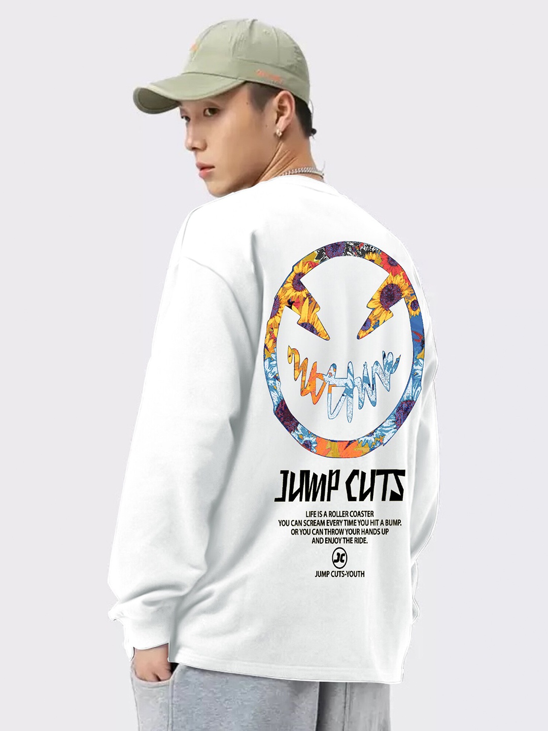 

JUMPCUTS Typography Printed Long Sleeves Cotton Boxy T-shirt, White