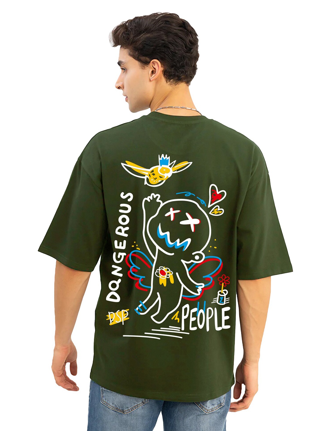 

JUMPCUTS Graphic Printed Drop Shoulder Cotton Boxy T-shirt, Olive